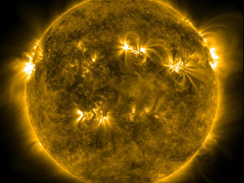 Stormy star: The Sun resembles a gigantic ball of gas whose activity is driven by strong magnetic fields. This image was taken by NASA’s Solar Dynamics Observatory satellite.