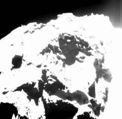 Some of the observed pits are active. OSIRIS, the scientific imaging system on board Rosetta, took this image in October 2014 from a distance of seven