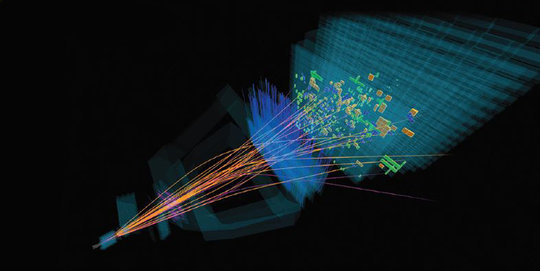 Auf der Suche nach einer Asymmetrie zwischen Materie und Antimaterie: Am LHC analysieren Physiker die Zerfallsprodukte von Teilchen, die in den verschiedenen Ebenen des Detektors Signale hinterlassen, die als rechteckige Farbfelder dargestellt sind.