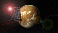 <p>Interstellare Reise: Im Rahmen des Starshot-Projekts soll ein winziges Raumschiff, angetrieben von einem riesigen quadratischen Photonensegel, in das Sternsystem Alpha Centauri fliegen und dort auch den erdähnlichen Planeten Proxima Centauri b passieren. Die vier roten Strahlen aus den Ecken des Segels deuten Laserpulse zur Kommunikation mit der Erde an.</p>