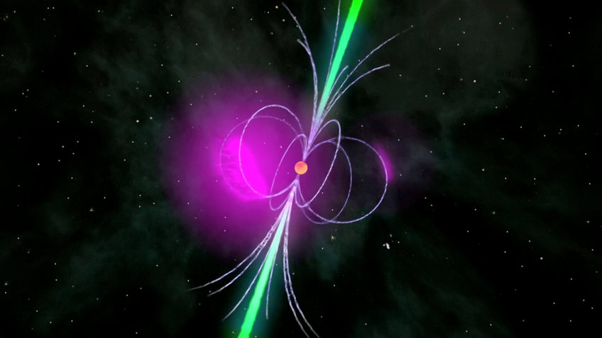 Against the black background of the universe, a neutron star is sketched as a small red sphere, surrounded by a much larger network of magnetic field lines, which surround the neutron star like a wreath. From the axis of this bipolar magnetic field pokes a green and confined beam of light.