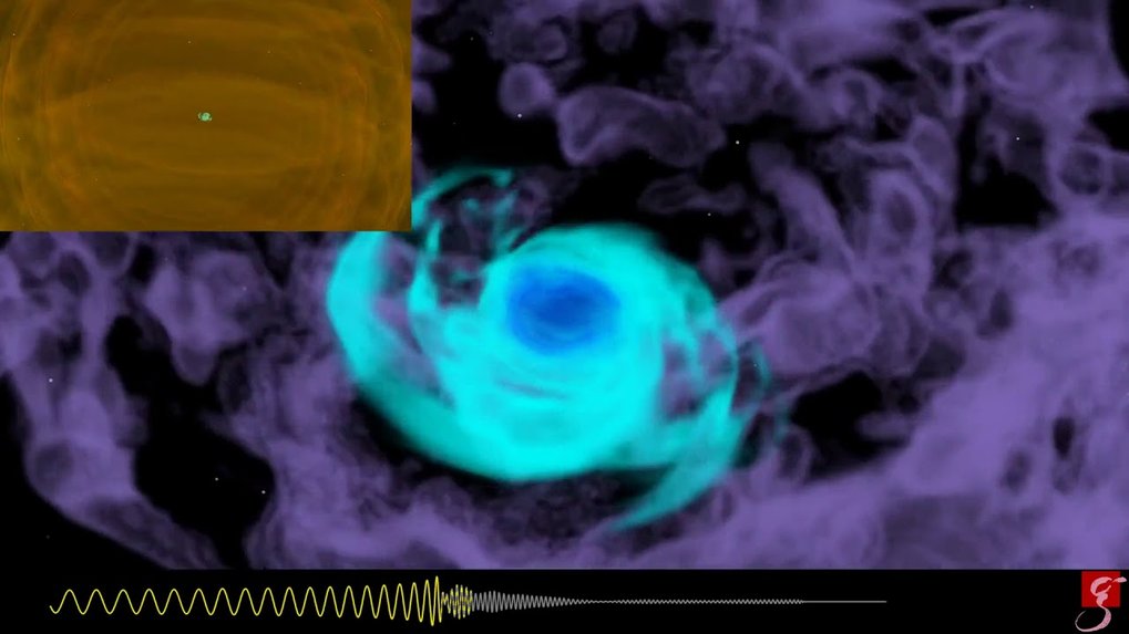 This numerical relativity simulation shows the merger of two neutron stars caused by the gravitational signal GW170817 depicted at the bottom edge of 