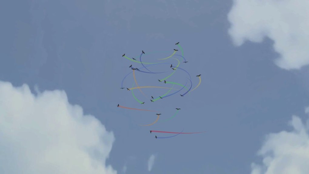 A group of 27 storks thermalling elegantly in a thermal upwind. The flight path of each bird is color-coded based on its overall flapping activity from blue (low) to red (high).