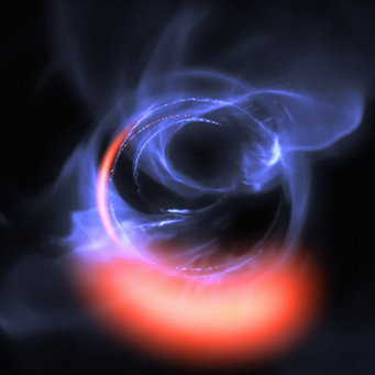 Incidents of turbulent gravity: This visualization is based on simulations of gas moving around the black hole in the centre of the galaxy in a circular orbit at approx. 30 percent of the speed of light. This observation was made possible by the Gravity instrument. 