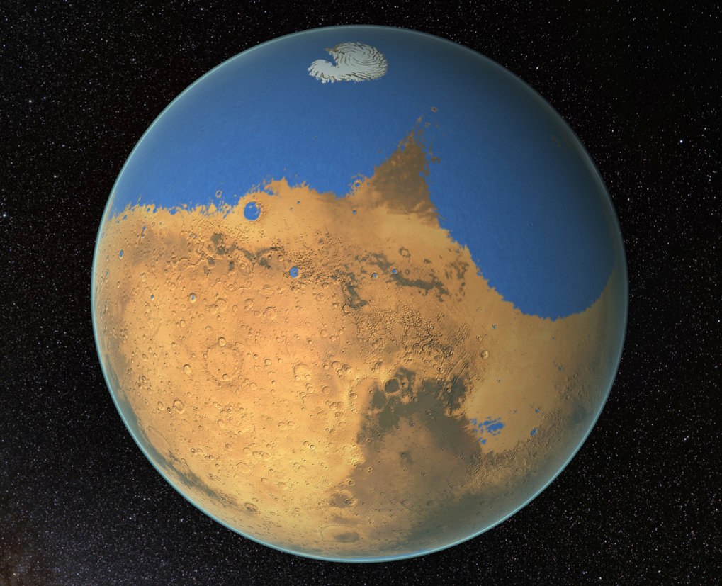 Billions of years ago, Mars could have looked like this with an ocean covering part of its surface.