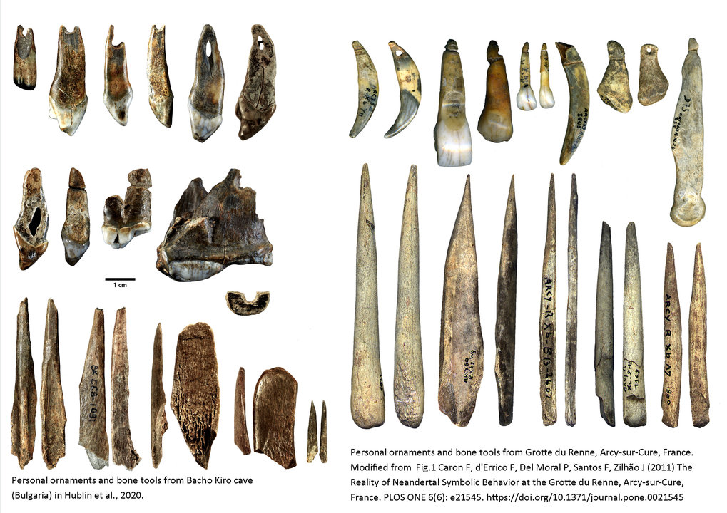 Persönliche Schmuckgegenstände und Knochenwerkzeuge aus der Bacho-Kiro-Höhle in Bulgarien (links) und aus der Grotte