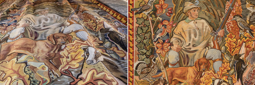 Bildvergleich von den aus der Nymphenburger Gobelinmanufaktur stammenden Wandteppiche auf Schloss Ringberg - vor und nach der fachgerechten Überarbeitung und Konservierung.