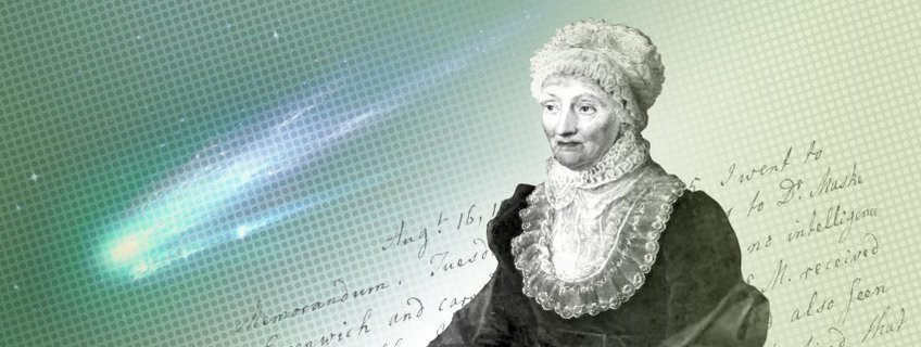Dieses zusammengesetzte Bild zeigt ein Porträt der deutschen Astronomin Caroline Herschel (1750-1848). Herschel entdeckte 8 Kometen, annotierte Flamsteeds Sternenkatalog und verdiente als erste Frau in Großbritannien ihren Lebensunterhalt mit Astronomie verdiente. Links im Bild ist eine Illustration des Kometens abgebildet, und im Hintergrund ein Auszug aus einem Brief von Herschel, in dem sie die Entdeckung ihres ersten Kometen am 1. August 1786 beschreibt, heute als Komet C/1786 P1 bezeichnet wird und damals als "First Lady's Comet" bezeichnet wurde.

 