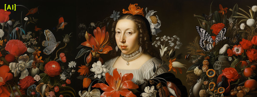 AI generated image of the natural scientist and artist Maria Sibylla Merian (1647–1717), one of the world's first entomologists, created  Gesine Born, with the following prompts: - oil painting of [Portrait of Sibylla Merian] from 1700, in the style of Dutch tradition, with paintings by Maria Sibylla Merian]