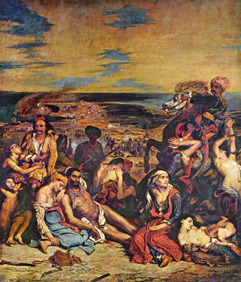 Oil painting with center right and left two Ottoman soldiers wearing turbans and moustaches, and 13 civilians, men, women and children lying or crouching between them, some appearing dead.
