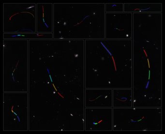 Precious Mosaic: esta imagen consta de 16 conjuntos de datos diferentes del telescopio espacial Hubble estudiados como parte del proyecto de ciencia ciudadana Asteroid Hunter.  Se asignaron colores a cada uno de estos conjuntos de datos en función de la cronología de las exposiciones, con tonos azules que representan la primera exposición en la que se capturó el asteroide y tonos rojos que representan la última.
