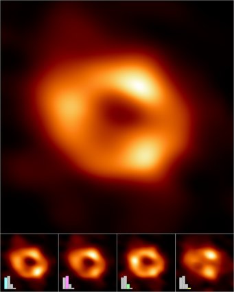 Kosmischer Feuerring: Dies ist das erste Bild von Sagittarius A*, dem supermassereichen schwarzen Loch im Zentrum unserer Milchstraße. Aufgenommen hat es das Event Horizon Telescope (EHT), ein Netzwerk, das Radioobservatorien auf der ganzen Welt zu einem einzigen virtuellen Teleskop von der Größe der Erde zusammenfasst.  Das EHT ist nach dem „Ereignishorizont“ benannt – der Grenze des schwarzen Lochs, jenseits derer kein Licht mehr entweichen kann. Obwohl der Ereignishorizont selbst nicht sichtbar wird, weil er kein Licht aussendet, zeigt glühendes Gas, das um das schwarze Loch wirbelt, eine verräterische Signatur: eine dunkle zentrale Region („Schatten“), die von einer hellen ringförmigen Struktur umgeben ist. Die Aufnahme fängt das Licht ein, das durch die starke Schwerkraft des schwarzen Lochs – es ist vier Millionen Mal massereicher als unsere Sonne – gebeugt wird. Das Bild ist ein Mittelwert der verschiedenen Aufnahmen, welche die EHT-Kollaboration aus ihren Beobachtungen im April 2017 extrahiert hat. Die Bilder lassen sich anhand ähnlicher Strukturen in vier Gruppen („Cluster“) einteilen. Ein gemitteltes, repräsentatives Bild für jede der vier Gruppen in der unteren Reihe dargestellt. Drei dieser Cluster zeigen eine Ringstruktur, allerdings mit unterschiedlich verteilter Helligkeit rund um den Ring. Der vierte Cluster enthält Bilder, die ebenfalls zu den Daten passen, aber nicht ringförmig erscheinen. Die Balkendiagramme zeigen die relative Anzahl der Einzelbilder, die in den jeweiligen Clustern eingehen. Zu den ersten drei Clustern gehören jeweils Tausende von Bildern, während der vierte und kleinste Cluster nur Hunderte von Bildern beinhaltet. Die Höhe der Balken gibt die relativen Beiträge der einzelnen Cluster zum gemittelten Gesamtbild an.