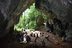 Gua masuk ke situs Topogaro 2 di kompleks gua Topogaro di Sulawesi Tengah.  Topogaro 2 telah digali sejak 2016. Sisa-sisa manusia dari 2000 tahun terakhir telah ditemukan di lapisan atas.