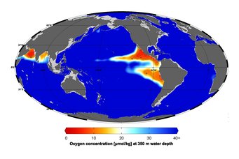 Studies of sediment cores show that open ocean oxygen-deficient zones (in red) shrank during long warm periods in the past.   
