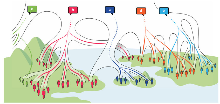 Schematic illustration of possible scenarios of matches and mismatches in the transmission of genes and languages. Genetic (demographic) history is represented by a broad branching tree. Linguistic history is represented by colored lines, differentiating five language families (a-e).