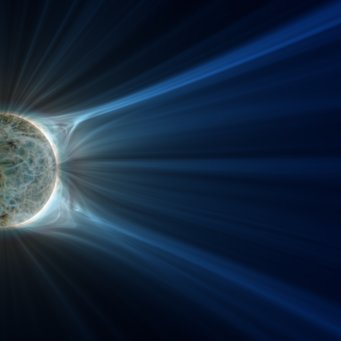 The Sun's atmosphere: Computer simulation of the architecture of the magnetic field in the middle corona on August 17, 2018. The ray-like features in this snapshot are the underlying magnetic architecture of the observed coronal web. In the middle corona the predominantly closed magnetic field lines close to the Sun give way to the predominantly open field lines of the outer corona.