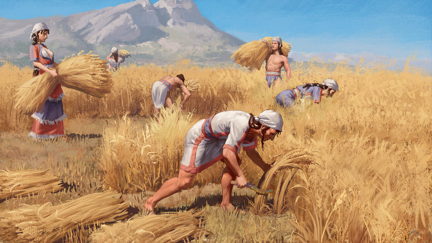 Life picture: Bronze Age family harvesting grain.