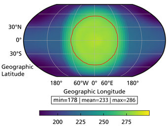 The image shows a climate simulation of the planet. Shown is an elliptical projection of the entire spherical surface of the planet in one plane. The ellipse is highlighted in blue and overlaid with gray grid lines of the coordinate system. The center of the map projection is filled with yellow-green-ish color and this area is encircled with a red line. The blue coloring corresponds to regions of cooler surface temperatures below 200 Kelvin, the yellow-green-ish color to regions of higher temperatures above 275 Kelvin.