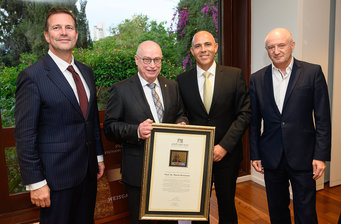 From left: Steffen Seibert, Ambassador of the Federal Republic of Germany to Israel, MPG President Martin Stratmann, Alon Chen, President of the Weizmann Institute of Science and Professor Daniel Zajfman, former President of the WIS and now Chair of the Academic Board of the Israel Science Foundation.