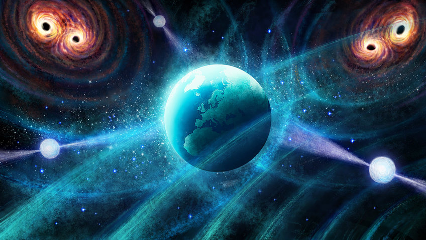 Artist's impression of the measurement of the gravitational-wave background using pulsars distributed in the Milky Way. The faint echo of distant binary systems of supermassive black holes alters the precise ticking of the cosmic lighthouses.
