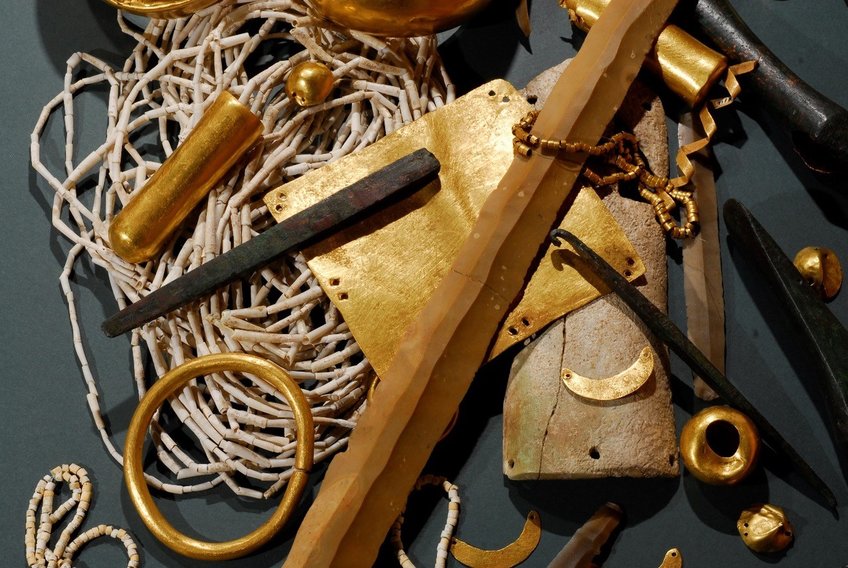 Grave goods from the Copper Age cemetery of Varna on the Bulgarian Black Sea coast. The copper and gold objects are considered the oldest in the world.