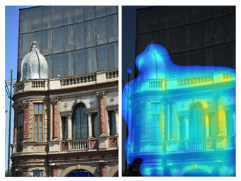 Left: a building from the 1920s in Tehran, in frontof a glass façade. Right: The false colour representation shows how strongly a person perceives the buildings. Yellow elements indicate what attracts the human eye the most; elements attracting the least visual attention are blue and black. The glass façade in the background is practically invisible to the human mind.