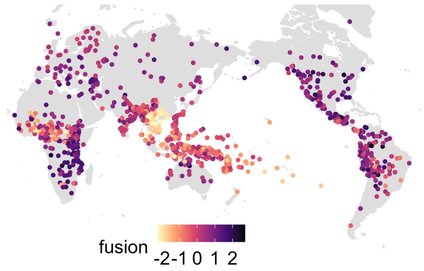 The global distribution of grammatical complexity (fusion). Closely related languages resemble each other's scores.