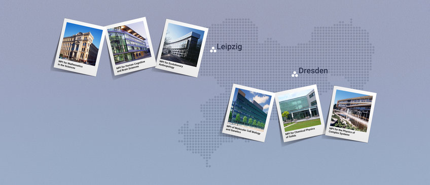 A grey background depicting a German map showing the locations of Leipzig and Dresden, with five photos made to look like polaroids in the foreground which show the first five Max Planck Institutes in East Germany (MPI for Mathematics in the Sciences, MPI for Evolutionary Anthropology, MPI for the Physics of Complex Systems, MPI for Human Cognitive and Brain Sciences, MPI of Molecular Cell Biology and Genetics).