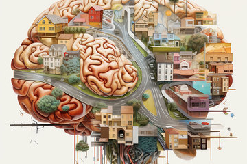 Illustration, die bestimmte Gehirnareale hervorhebt, die Orientierung im Raum ermöglichen.