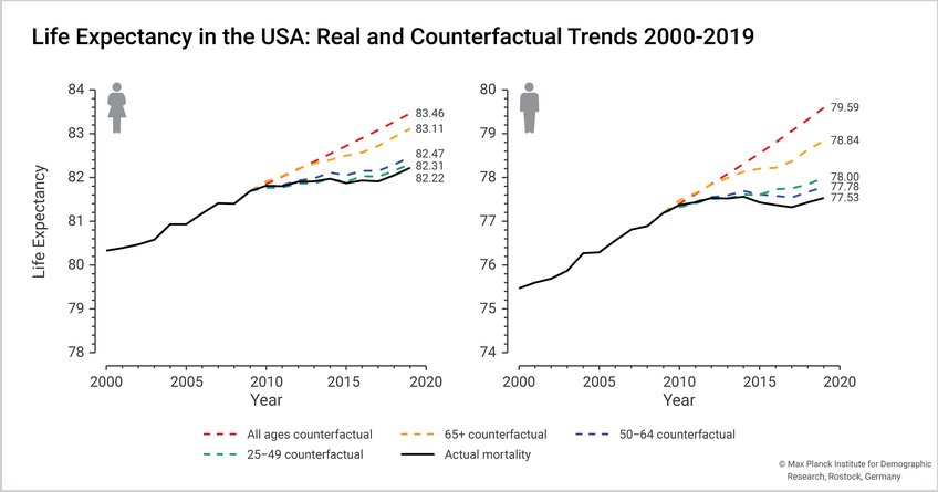 two graph that describe the real and counterfactual trends of life expectancy in the U.S. 2000-2019