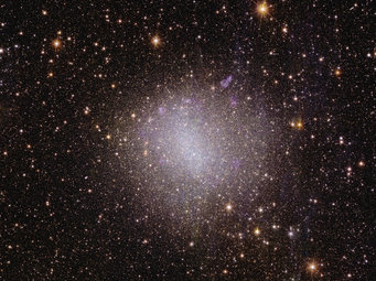 Slightly bluish glowing cloud of dots concentrated towards the centre in front of a black background with numerous yellowish dots scattered throughout the image section  