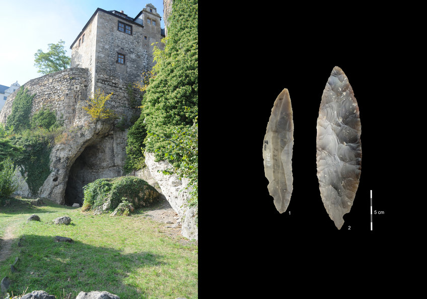 Left: The cave site Ilsenhöhle beneath the castle of Ranis. Right: Stone tools from the LRJ at Ranis. 1) partial bifacial blade point characteristic of the LRJ; 2) at Ranis the LRJ also contains finely made bifacial leaf points.