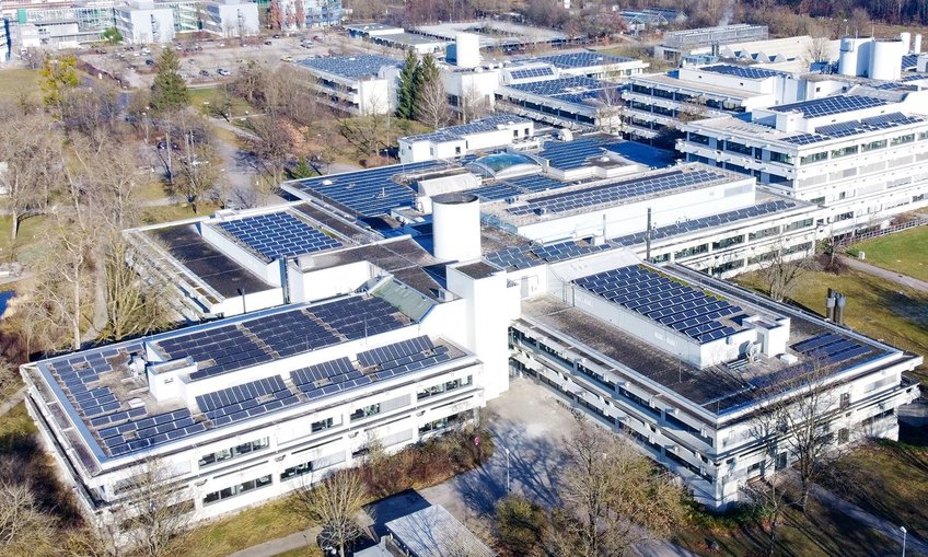 Photovoltaic system on the roof of the Max Planck Institutes of Biochemistry and Biological Intelligence in Martinsried near Munich.