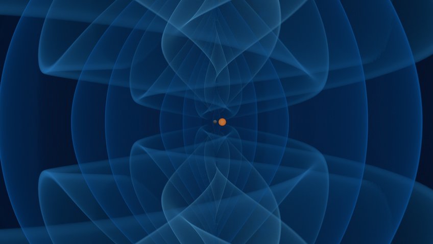 Inspiral of a lower mass-gap black hole (dark gray surface) and a neutron star (orange sphere). The emitted gravitational waves are shown in colors from dark blue to cyan.