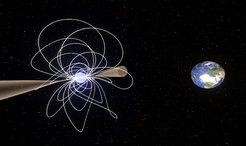 An artist's conception of a moving magnetar with a twisted magnetic field, its radio beam aimed at Earth.