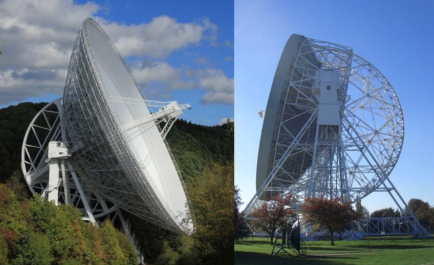 Two radio telescopes were used to make the observations for this post: the Effelsberg 100-meter radio telescope (left) and the Lovell 76-meter telescope at Jodrell Bank (right). 